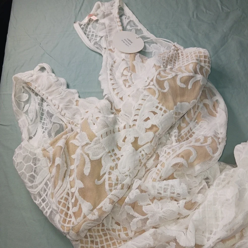 LUXXEL Wedding Bridal Dress Ivory White/Lace Nude lined Boho Maxi Long Gown NWT - Picture 5 of 13